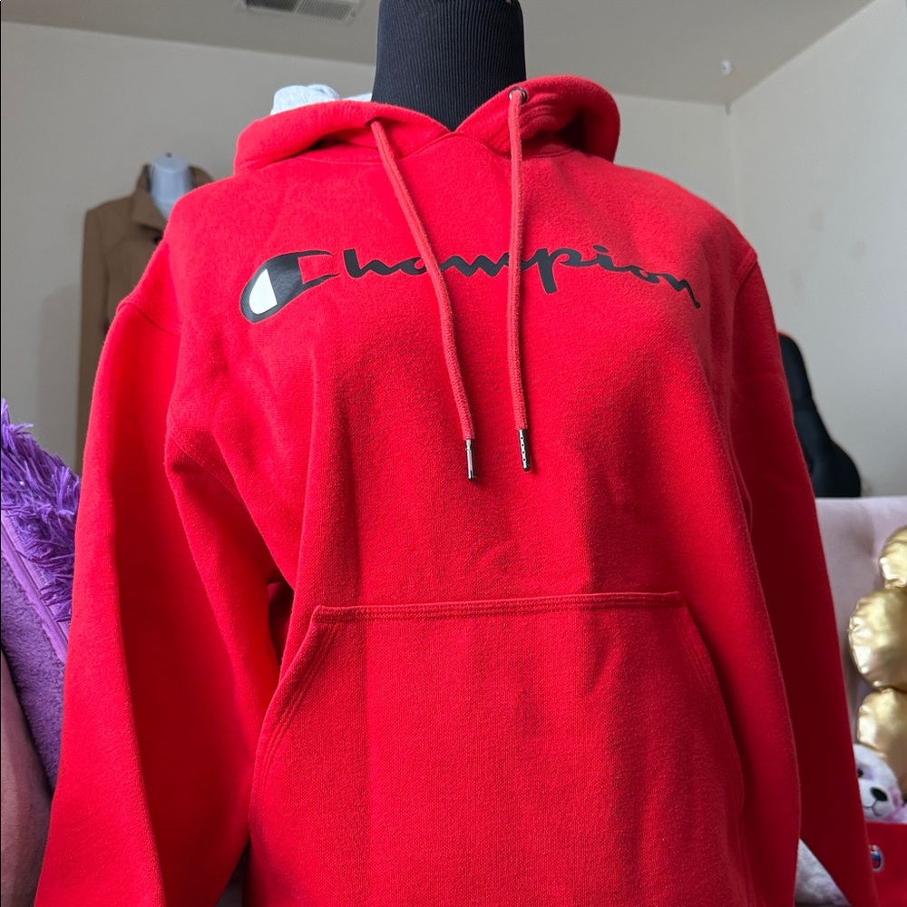 Champion Red Crewneck Hoodie with Black Script Logo